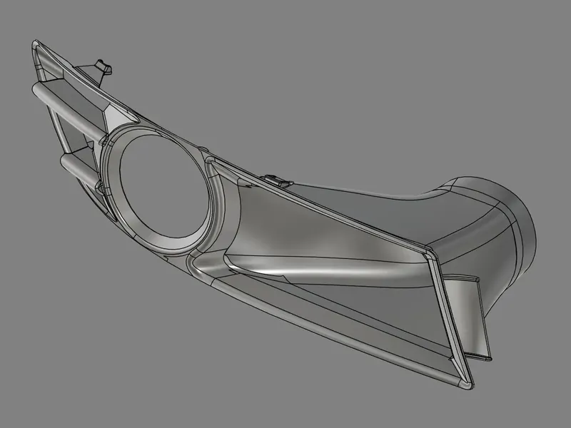 CAD model of a long curved part: a large round opening in a raised ring, two rounded bars at one end, and a scooped channel that narrows to a tube-like outlet, with small clip tabs along the edge.