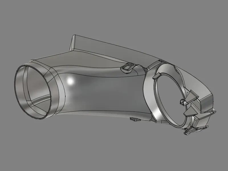 CAD model of the same curved part from another angle: a tube-like body with a round rimmed opening at one end and a large round opening with clips and short fins at the other.