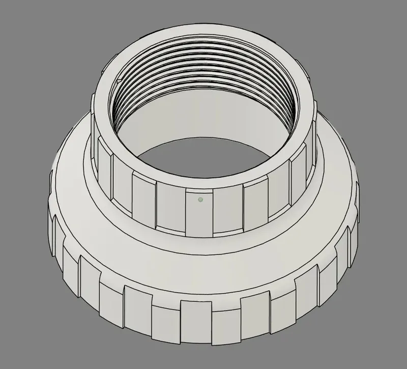 CAD model of the fitting as one piece, made from the original, seen from the narrow end: a neck threaded on the inside with ribs around it, above a wide ribbed base.
