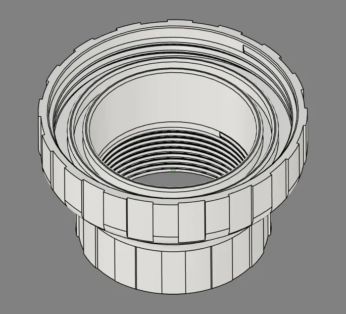 CAD model of the same fitting from the wide end: a ribbed collar around a stepped bore that narrows to the inside thread.