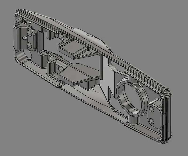 CAD model of the gate latch part, made from a scan of the original, seen from the underside with its ribs and bore.