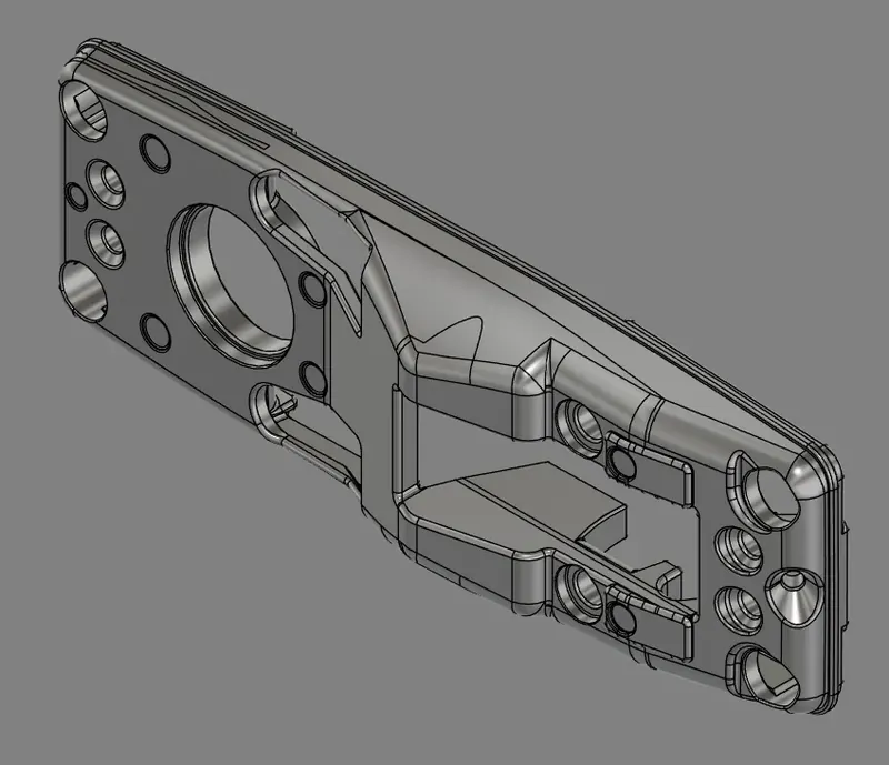 CAD model of the gate latch part, made from a scan of the original, seen from the top face with its bore and mounting holes.