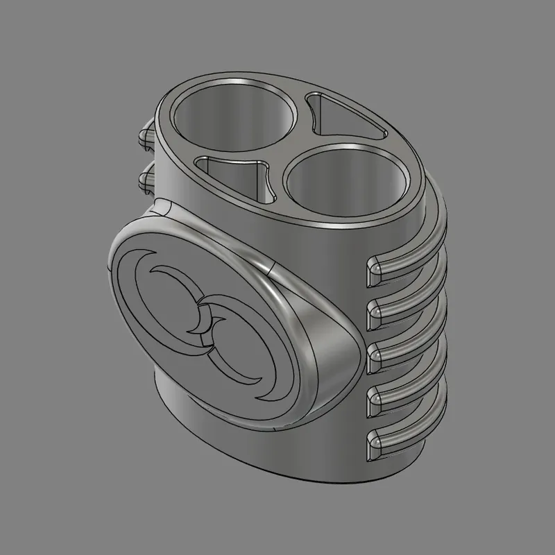 CAD model of a Moonchucks design: an oval body with two round holes and two triangular openings in the top, two crescent moons on the front and five ridges down one side.