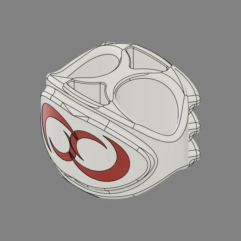 CAD model of a Moonchucks design in white, with two red crescent moons on the front, round and triangular openings in the top and three ridges down one side.
