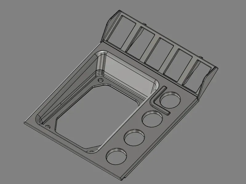 CAD model of the panel, made from a scan of the original, seen from the front with its row of five rectangular openings, deep rounded pocket and four round holes.