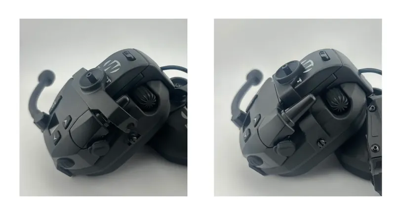 Black 3D printed accessory mount clamped to a headset ear cup, shown from two angles.