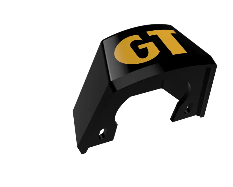 CAD render of a black clamp-on cover bracket with a curved cutout and two bolt tabs, badged 'GT' in gold on the top.