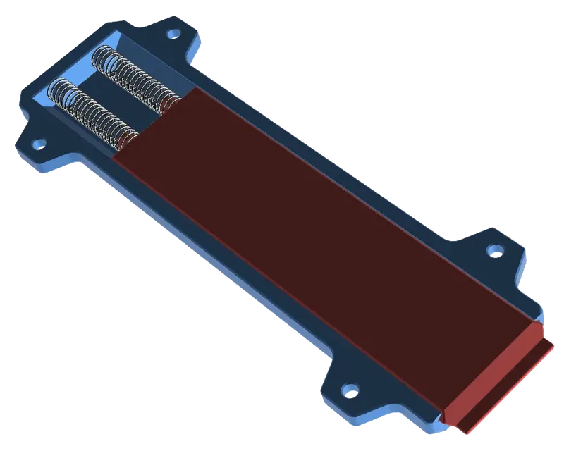 CAD render of a spring-loaded sliding latch: a red slide block driven by two coil springs inside a blue mounting frame with corner bolt tabs.