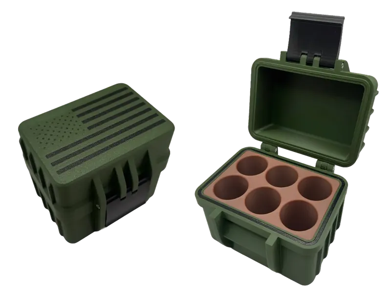 Olive-green rugged latching case, shown closed with an embossed US flag on the lid and open with a tan six-well insert for cylindrical containers.